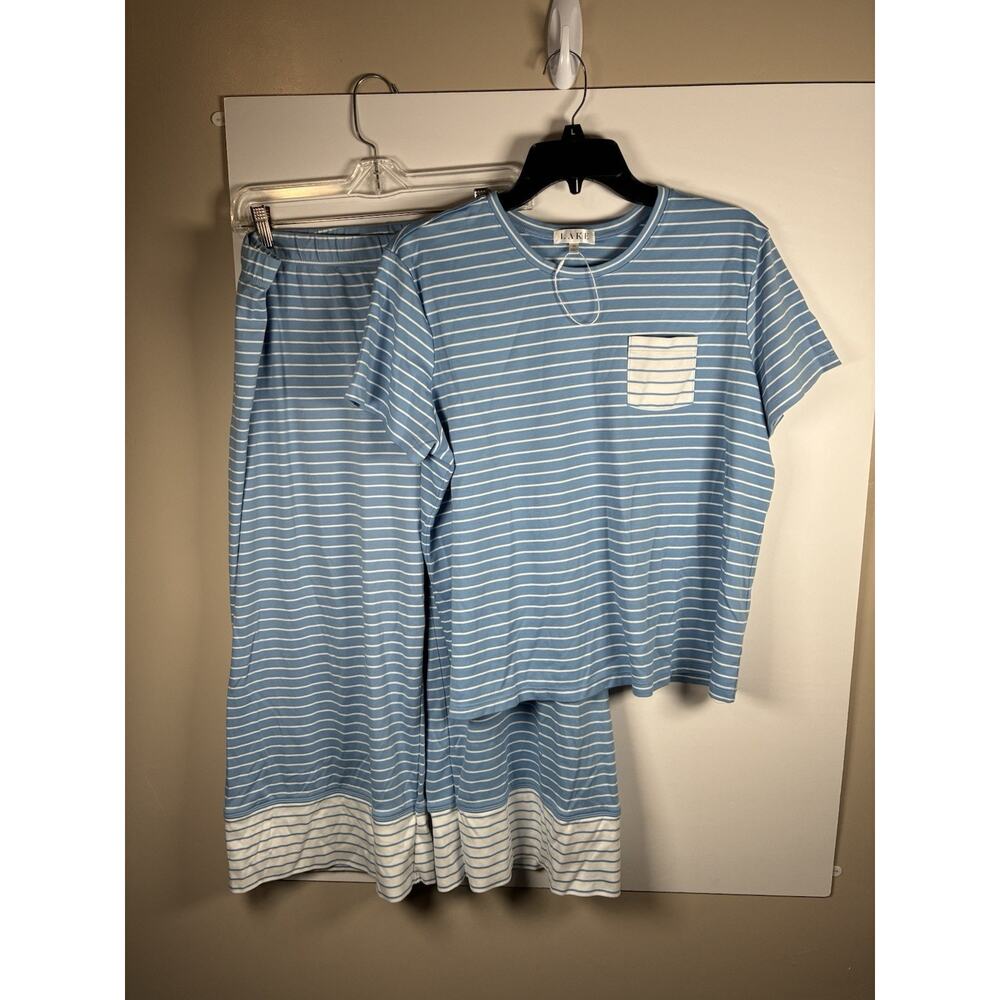 Lake Pajamas XL Pima Cotton Blue Stripe Short Sleeve Top Cropped Pants Set New